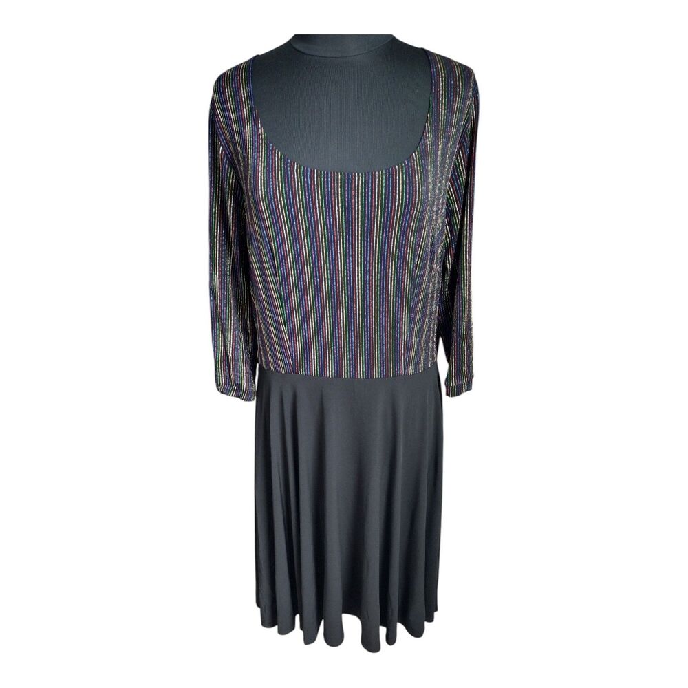 Melissa Masse Womens 1X Metallic Fit Flare Dress Black Striped 3/4 Sleeve Twirl